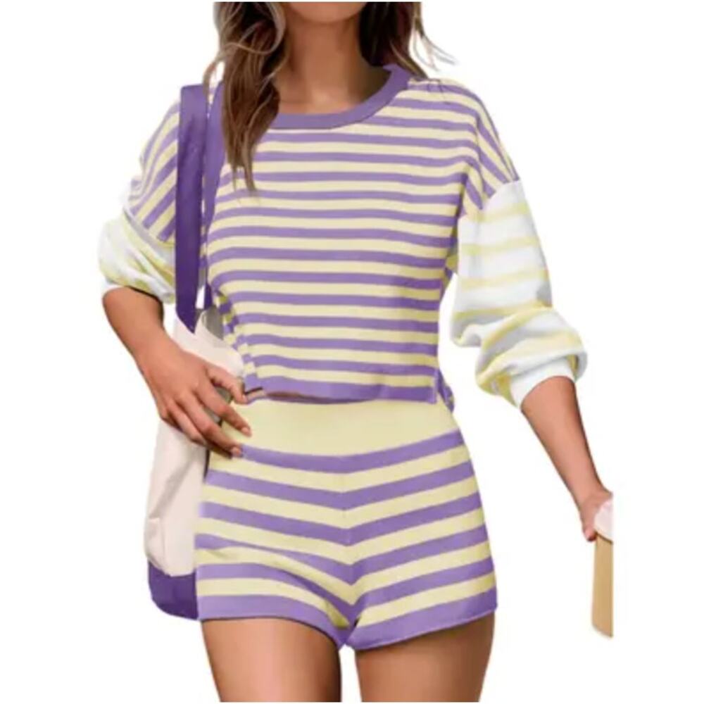 Casual Lavender & Cream Striped Long Sleeve Tee